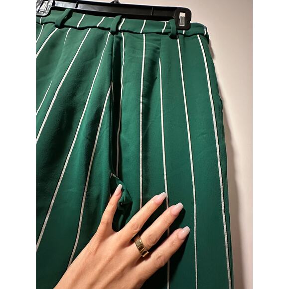 H&M Suit Pants Women's Green & White Woven Stripe  High Waist Wide Leg Trouser 2 - Picture 5 of 5